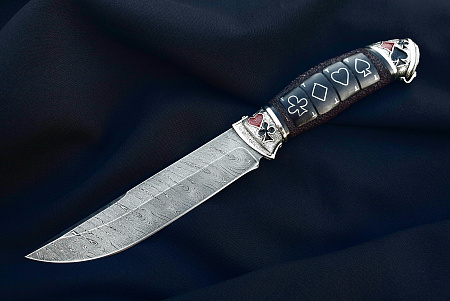 Нож Игрок: сталь Дамаск, рукоять черный граб, инкрустация